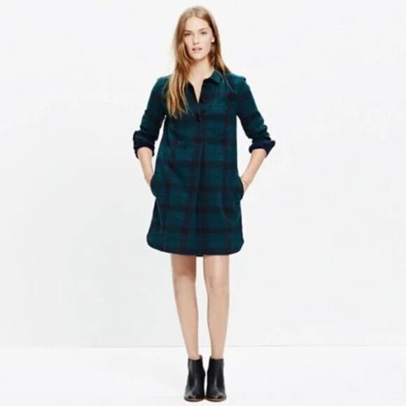 Madewell Dresses & Skirts - Madewell Latitude Green and Black Flannel Dress 100% Cotton LS Pockets XXS
